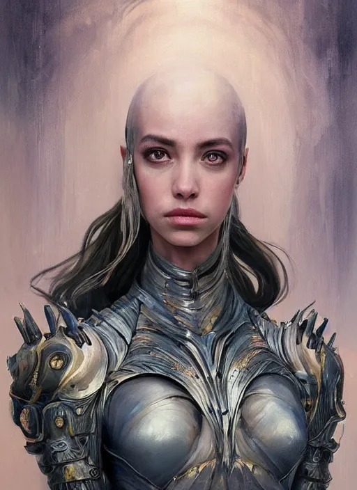 Image similar to a professional painting of a beautiful young female alien, clothed in ethereal armor, olive skin, long dark hair, beautiful bone structure, symmetrical facial features, intricate, elegant, digital painting, concept art, smooth, sharp focus, illustration, from Valerian and the City of a Thousand Planets, by Ruan Jia and Mandy Jurgens and Artgerm and William-Adolphe Bouguerea