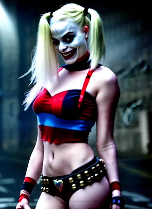 Image similar to 2 8 mm photo of beautiful suicide squad happy margot robbie with long white hair that looks like harley quinn standing on the wet street of dystopian gotham city at night, angry frown, seductive camisole, pinup model, glamour fashion pose, cinematic, volumetric lighting octane, ridley scott,