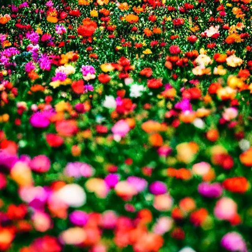 Image similar to Millions of colorful flowers blossoming, climax, overwhelming, brilliant, surreal, cinematic, epic, 8k, sharp focus, color grain 35mm, tilt-shift, dslr