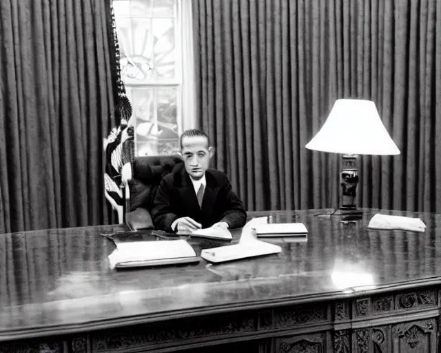 Prompt: a b-move sci-fi reptilian alien imposter wearing a suit, in the oval office, 1951, early black and white photo, cdx