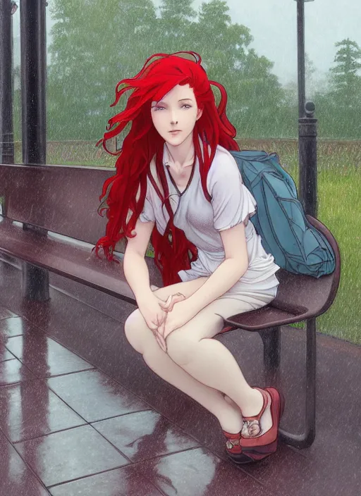 Image similar to pretty young woman with long red hair sitting at a bus stop in the rain, path traced, highly detailed, high quality, digital painting, by studio ghibli and alphonse mucha, leesha hannigan, makoto shinkai, disney