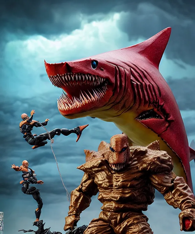 Image similar to hyperrealistic rendering, epic boss battle, epic shark king overlord, by art of skinner and richard corben, product photography, collectible action figure, sofubi, hottoys, storm clouds, outside, lightning