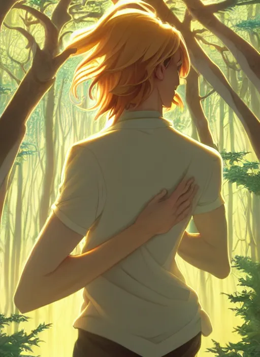 Image similar to book cover design, slender young man with shoulder length golden blond hair, shiny and sparkling, from behind, back shot, high angle, lost in a magical forest, natural lighting, path traced, highly detailed, high quality, cartoon, digital painting, by don bluth and ross tran and studio ghibli and alphonse mucha