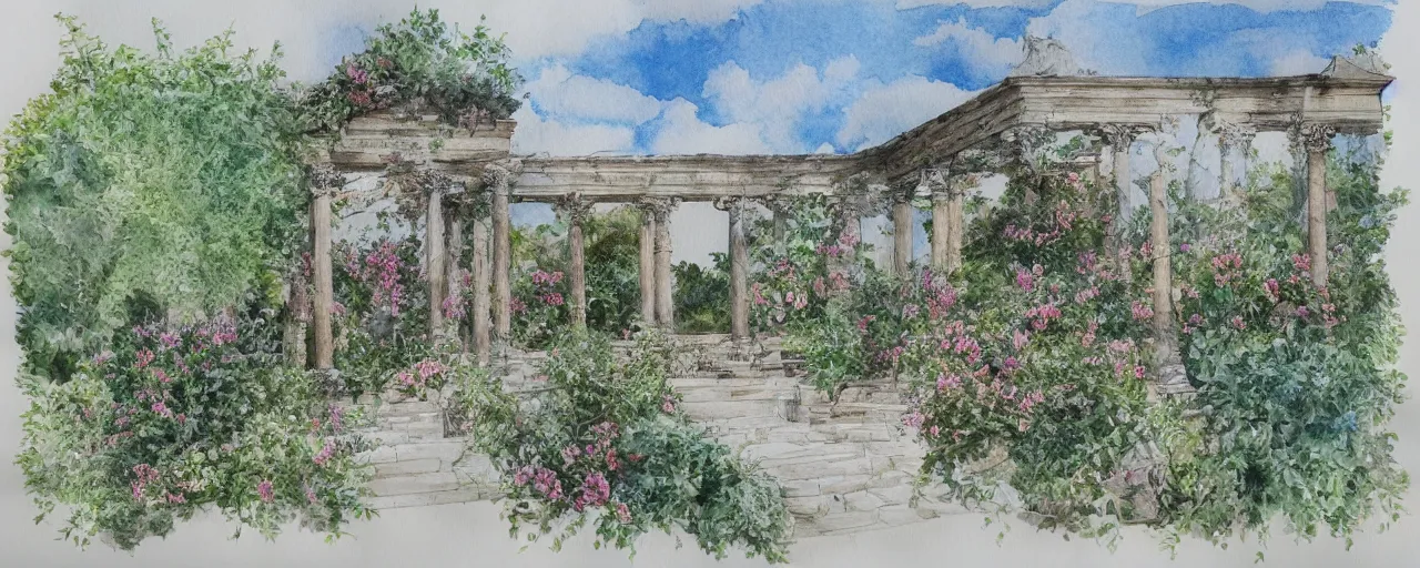 Image similar to delicate marble in a botanic garden, stony, puffy clouds, botanical herbarium paper, watercolor colored painting and pencil, iridescent colors, 8 k, realistic shaded, fine details, artstation, italian, colonnade, vines, flowers, gardena architecture, pompeii