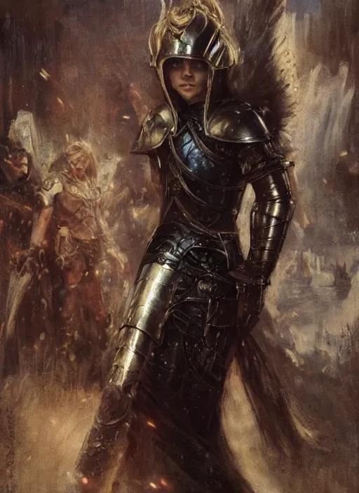 Image similar to redhead natalie dormer wearing black medieval armour, bare legs, detailed, by gaston bussiere, bayard wu, greg rutkowski, giger, maxim verehin, greg rutkowski, masterpiece, sharp focus, cinematic lightning