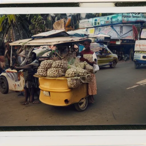 Image similar to old polaroids of futuristic african mobile market places in lagos traffic, side of taxi as fruit stand