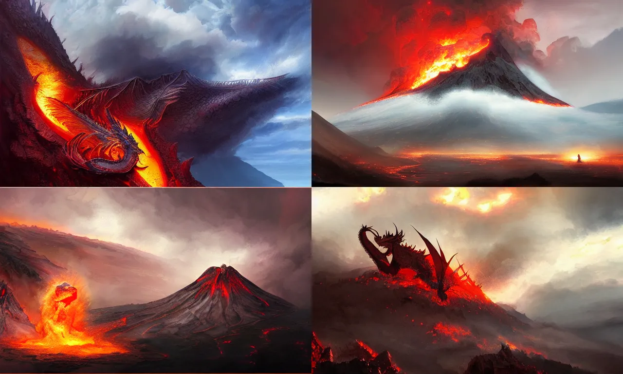 Prompt: dragon on volcano, clouds, fog, storm, lightning, ominous, frosted painting, flames running through the air, detailed, adding red tones, adding gold tones, by marc simonetti on artstation