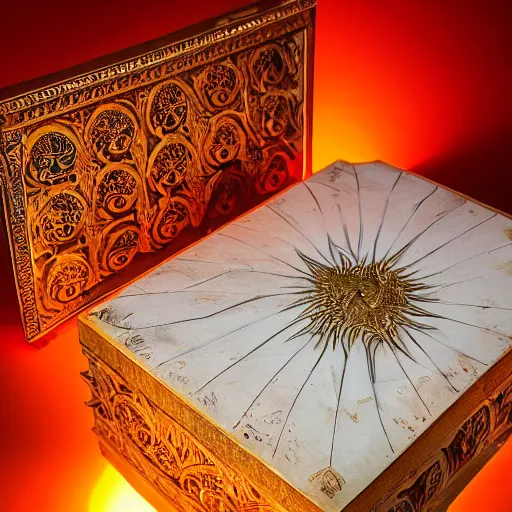 Image similar to a small arabesque carved wooden box with the lid open displaying a magic orange glowing orb inside. tendrils of light emitting from the orb, the box is sitting an scarred wooden tabel top cluttered paper and magazines, hyper detail, dramatic lighting, vignette, art by samma van klaarbergen