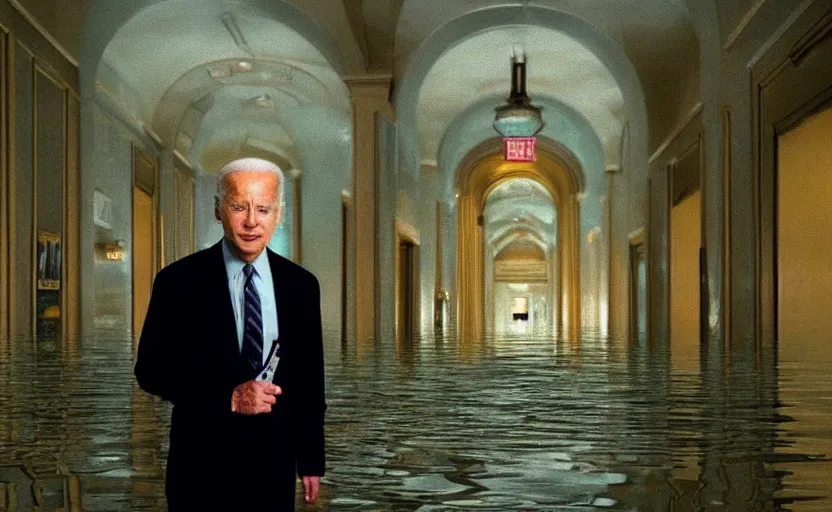 Prompt: joe biden from cars in a flooded fractal hallway, romance novel cover, in 1 9 9 5, y 2 k cybercore, low - light photography, still from a ridley scott pixar movie