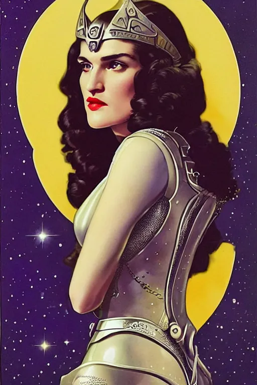 Prompt: Katie Mcgrath as the princess Ardala , buck rogers , a beautiful art nouveau portrait by Gil Elvgren, beautiful sci-fi space environment, front centred symmetrical composition, defined features, silver jewellery, stars in her gazing eyes