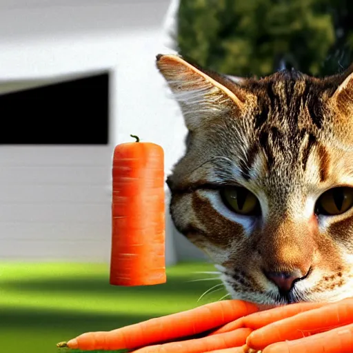 Prompt: big tabby cat with white paws biting a carrot 3D