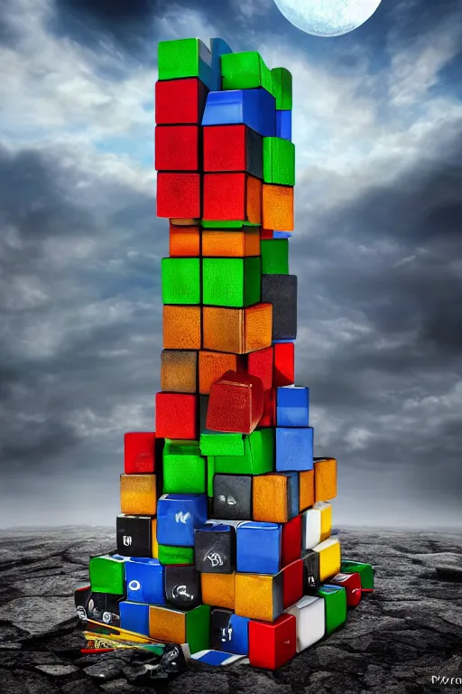Image similar to an elaborate surreal tower of Rubik's cubes rising into the clouds, concept art, 4k