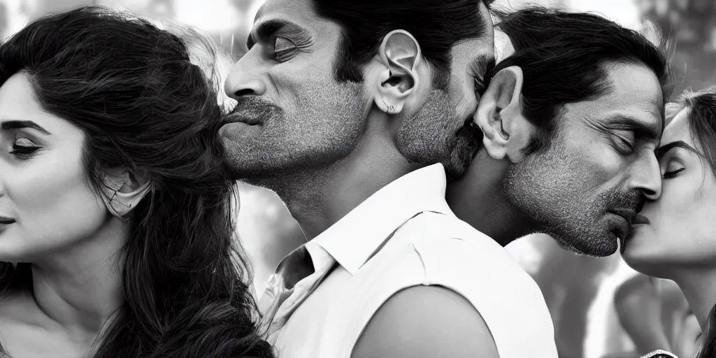 Image similar to closeup of kareena kapoor and arjun rampal kissing, natural lighting, hyper detailed, 1 0 0 mm, photographic, cinematic lighting, studio quality.