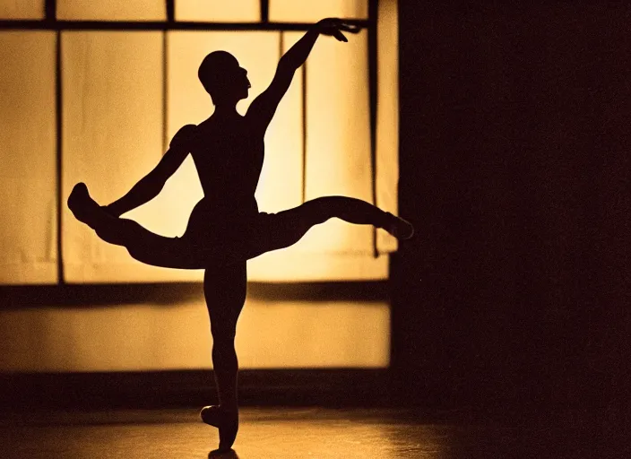 Image similar to a 3 5 mm photo from the back of a ballet dancer in the spotlight on stage in silhouette in the 1 9 6 0 s, bokeh, canon 5 0 mm, cinematic lighting, dramatic, film, photography, golden hour, depth of field, award - winning, 3 5 mm film grain