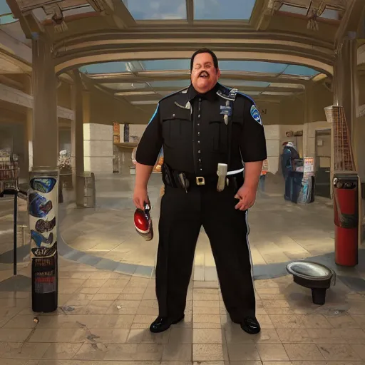 Prompt: paul blart as mall cop holding a plunger, ultra realistic, concept art, intricate details, highly detailed, photorealistic, octane render, 8 k, unreal engine, art by frank frazetta, simon bisley, brom