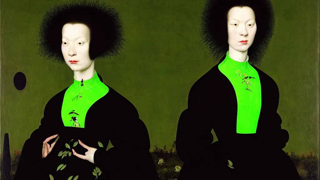 Image similar to portrait of a woman with lime green frizzy hair, wearing a embroidered high collar black dress by balenciaga, standing in a botanical garden, bjork aesthetic, masterpiece, cyberpunk, in the style of rogier van der weyden, masterpiece, asian art