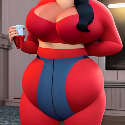 Image similar to a body of a thicc pixar mom, wearing red clothing