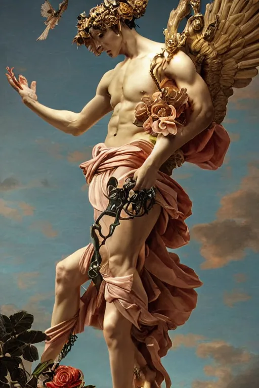 Prompt: a young handsome Spanish prince in a full-body bronze cyberpunk style statue of Icarus posed like a bird, crown of peach roses, flowing teal-colored silk, fabric, flowers. baroque elements, human skull. full-length view. baroque element. intricate artwork by caravaggio. many many birds birds on background. Trending on artstation, octane render, cinematic lighting from the right, hyper realism, octane render, 8k, depth of field, 3D