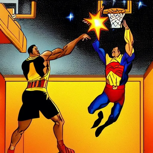 Image similar to black adam from dc comics dunking a basketball over superman on a city court at midnight. a major magical lightning storm in the sky.