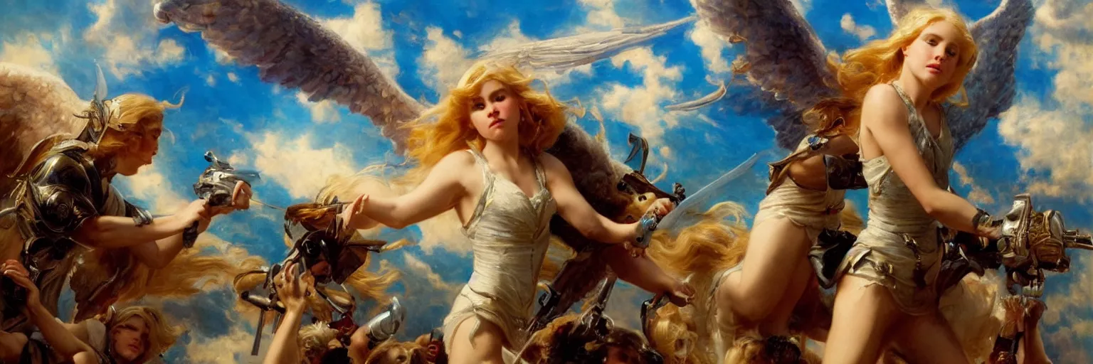 Image similar to a cinematic shot of a blonde young girl killing angels in the sky, the sky is blue, the angels are crying, the young girl is filled with hate, extremely realistic and highly detailed painting by gaston bussiere and j. c. leyendecker 8 k