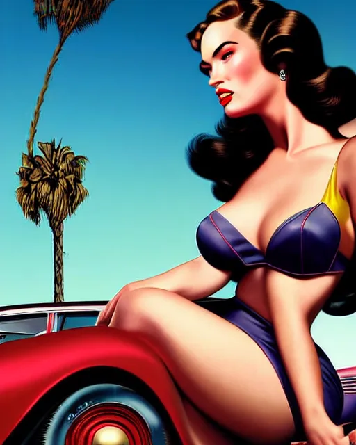 Image similar to gta v, low angle shot, beautiful retro space megan fox varga girl posing on a car in diesel punk city, windblown dark hair, retro pinup model, seductive, 1 9 4 0, hyper detailed, digital art, smooth, sharp focus, gil elvgren, anna dittmann alberto vargas,