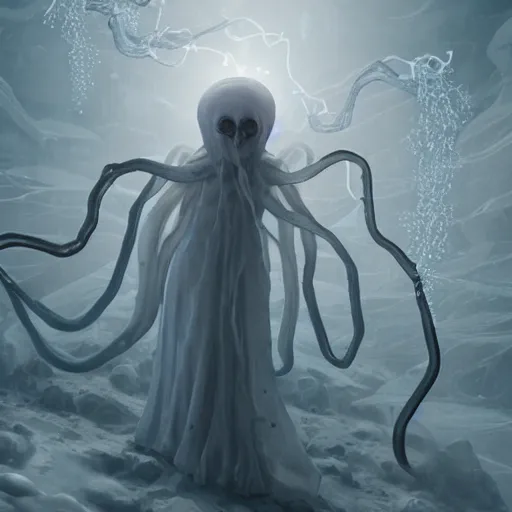 Image similar to screenshot of a chained ethereal ghostly wraith like figure with a squid like parasite latched onto its transparent skull and long tentacle arms that flow lazily but gracefully at its sides like a cloak while it floats around a frozen rocky tundra in the snow searching for lost souls and that hides amongst the frozen underbrush, this character has hydrokinesis and electrokinesis for the resident evil village video game franchise with inspiration from the franchise Bloodborne