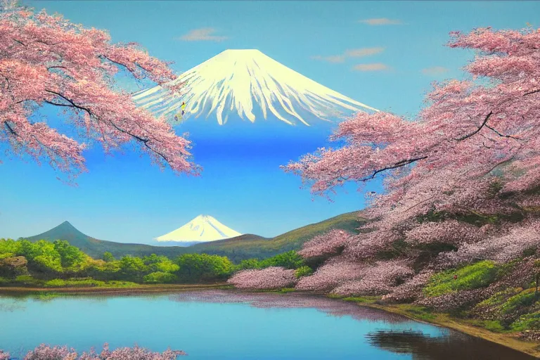 Image similar to mount fuji, view from behind lake, sunny morning, photorealistic landscape, oil on canvas, standing under blossoming cherry trees