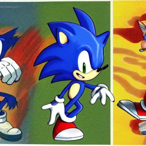 Prompt: Concept art of Sonic the Hedgehog illustrated by shigeru miyamoto. 1991