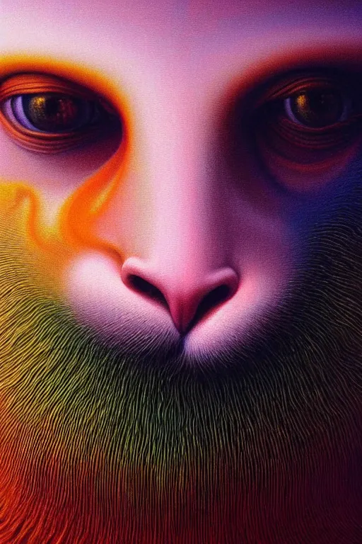 Prompt: hyperrealistic close-up baroque psychedelic!! god happy fluffy kind! creature!! peaceful! kind spirit of nature highly detailed concept art eric zener elson peter cinematic hard rainbow lighting high angle hd 8k sharp shallow depth of field, inspired by Zdzisław Beksiński