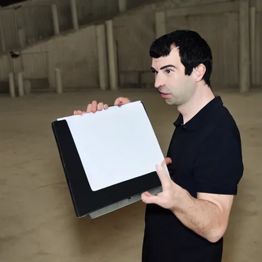 Prompt: nathan fielder walking around hell with a clipboard