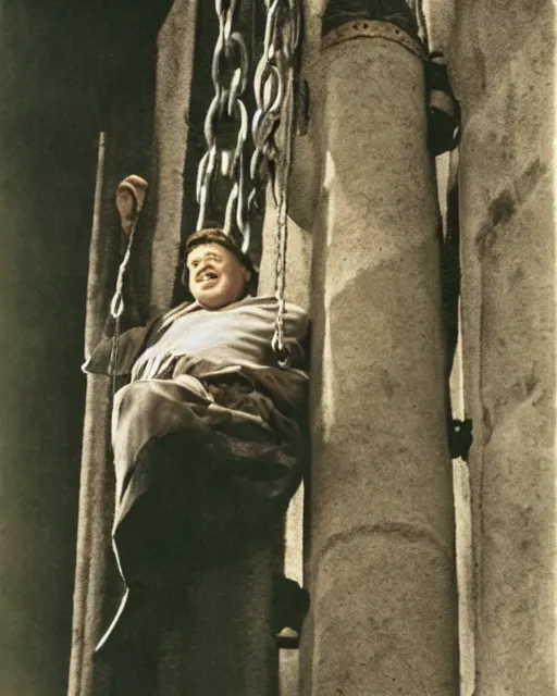 Image similar to color Photograph of Charles Laughton dressed as Quasimodo swinging from a Bell Tower, atmospheric, cinematic