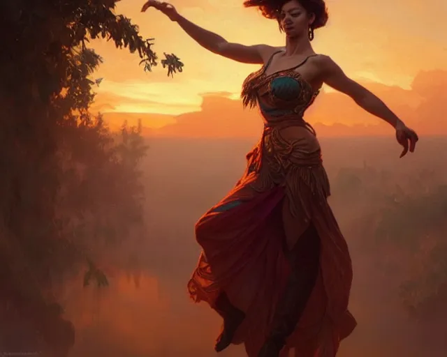 Image similar to woman dancing in extacy, sunset, deep focus,, fantasy, intricate, elegant, highly detailed, digital painting, artstation, concept art, matte, sharp focus, illustration, hearthstone, art by artgerm and greg rutkowski and alphonse mucha