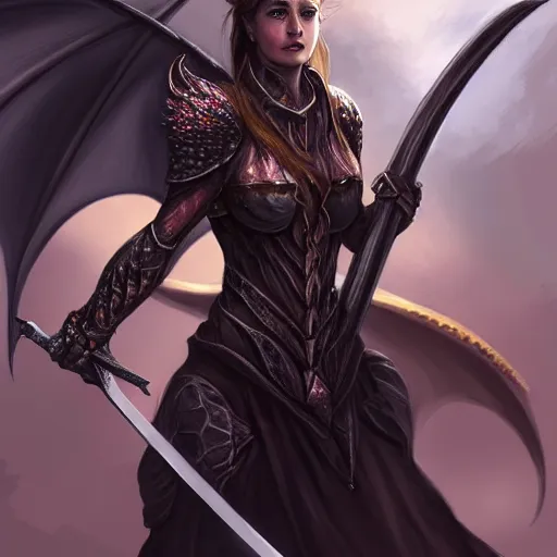 Image similar to a woman holding a sword with a dragon on it, concept art by Ami Thompson, contest winner, fantasy art, official art, concept art, high detail, experimental, high quality, 4k