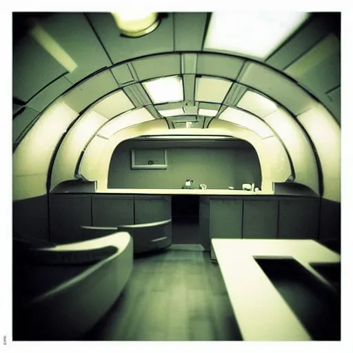 Image similar to “candid photography depicting life aboard a sci-fi spaceship. Kitchen, and common areas. Cozy lighting. Photo taken in the style of a French film”