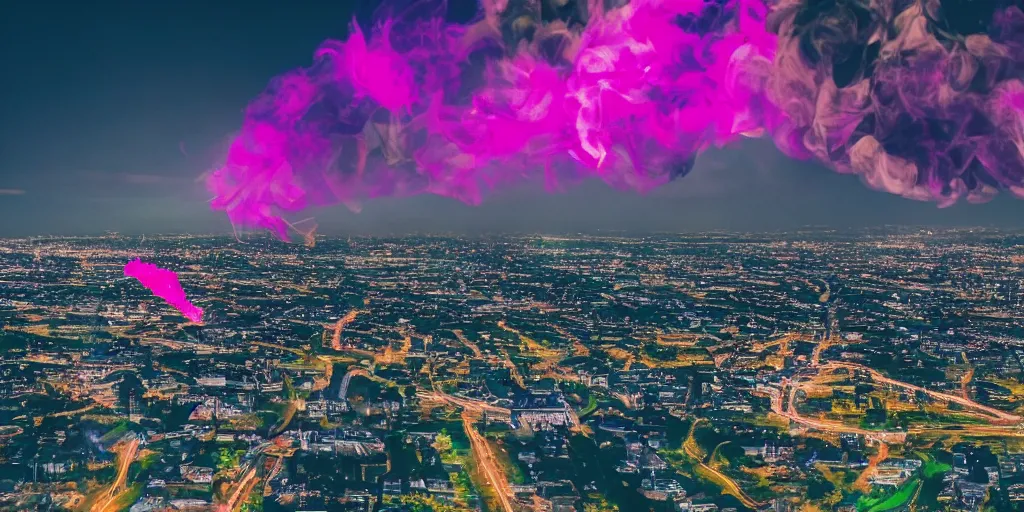 Prompt: dimly lit muted multi-color smoke (blues, greens), muted neon smoke, smoke reminiscently coalescing into fierce flying dragons with large outstretched wings flying, a distant vague city park landscape in the background, photographic, stunning, inspiring, super high energy, swift, fast, fleeting, 8K, 4K, UE5