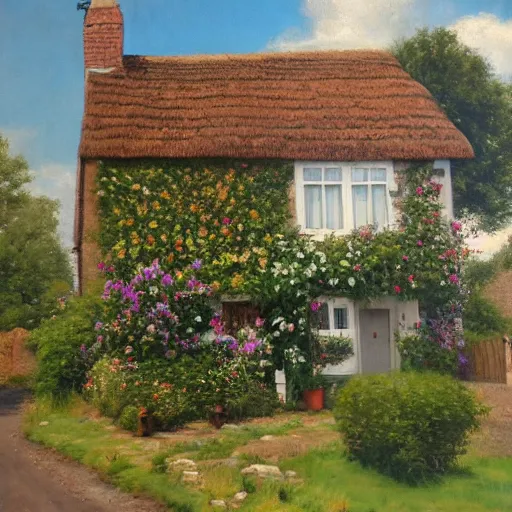 Image similar to A quaint cottage in an English village, merry england, oil on canvas, 4k, detailed