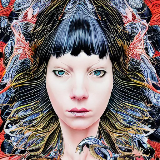 Prompt: portrait of crazy sia kate isobelle furler, symmetrical, glamour, hyper detailed, by yoichi hatakenaka, masamune shirow, josan gonzales and dan mumford, ayami kojima, takato yamamoto, barclay shaw, karol bak, yukito kishiro