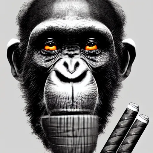 Image similar to a high detail shot of a chimp wearing a suit, smoking a cigar, render, cgsociety, photorealism