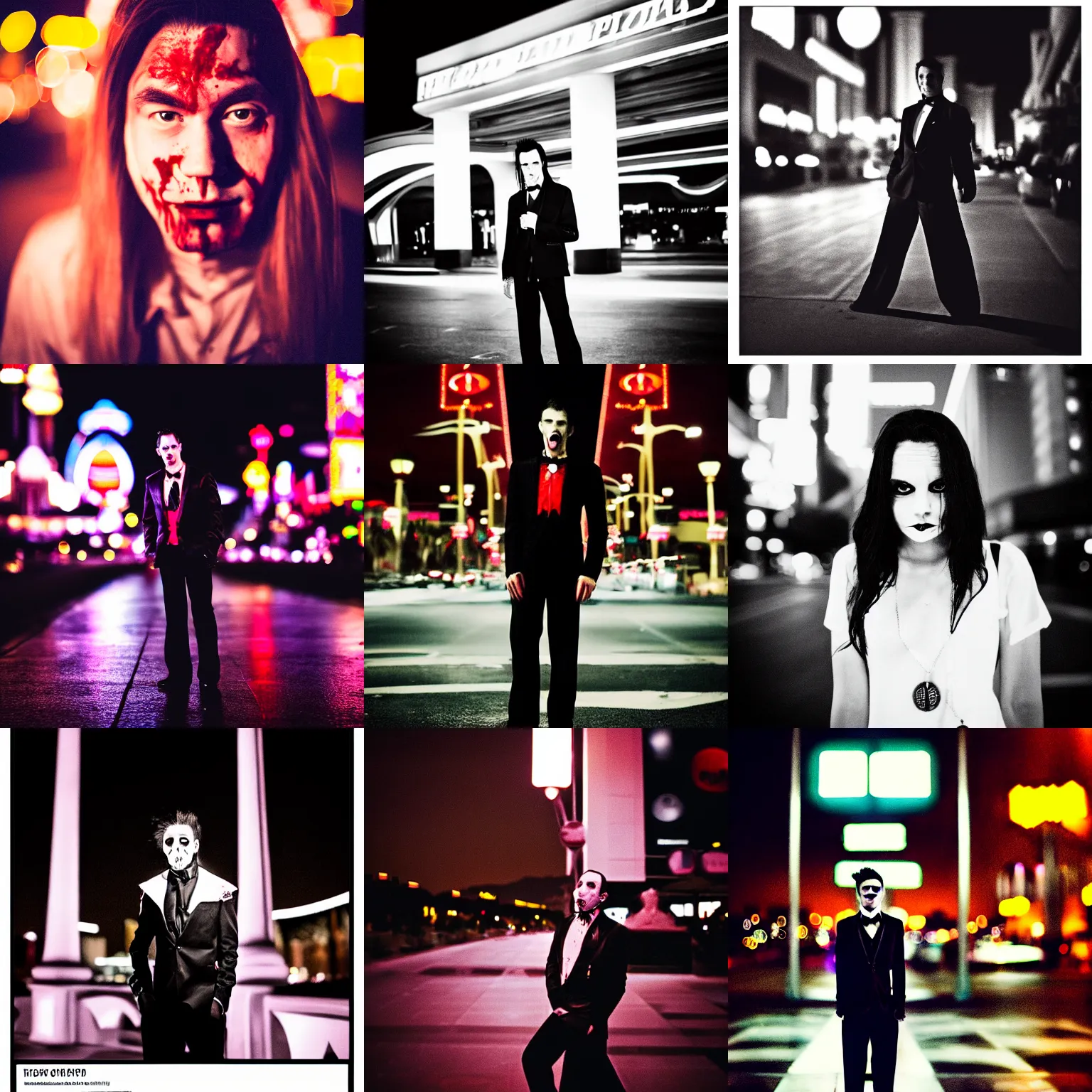 Prompt: portrait of a vampire in Las Vegas at night, blood, 35mm f1.8, color, behance, trending on instagram