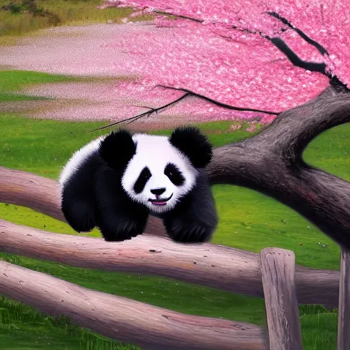 Prompt: cute fluffy baby panda cub sitting under a pink cherry blossom tree japanese landscape detailed painting 4K