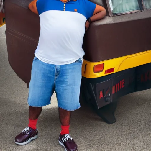 Image similar to overweight african american male school bus driver with dreads, wearing shorts with chubby legs, big moe, symmetric face, photo