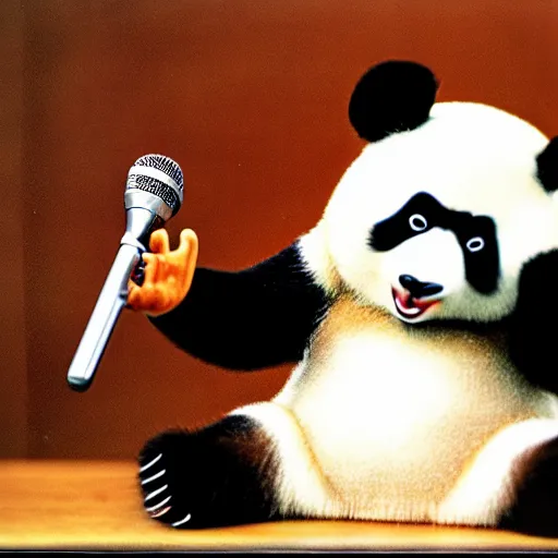 Image similar to a panda singing into a microphone, dramatic, beautiful, kodachrome film