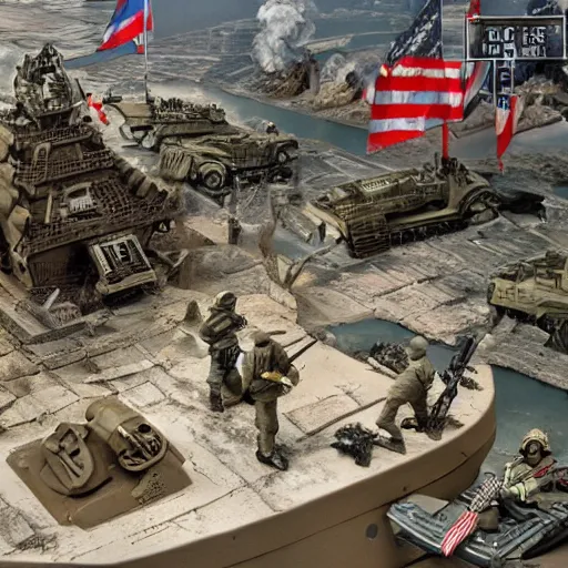 Image similar to The war between the Soviet Union and America, the action takes place in New York, far away against the background of the Statue of Liberty, a lot of soldiers and military equipment, a lot of explosions and tracer bullets, a lot of ruins, a very epic battle, The style of photography of the 80s, very detailed and detailed style