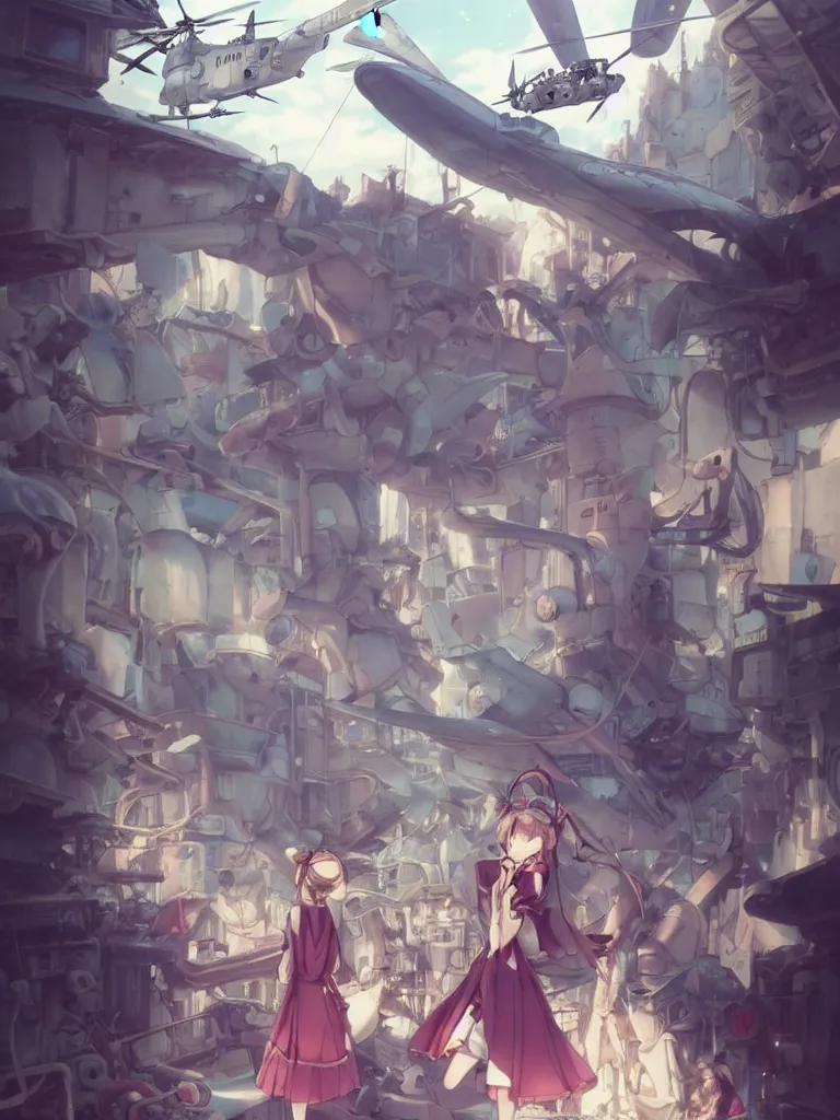 Image similar to Epic scene of a beautiful anime girl, Alice in Wonderland style, standing in front of a cyborg repair shop, while a futuristic military helicopter flies overhead, by Greg Rutkowski and Krenz Cushart and Pan_Ren_Wei and Hongkun_st and Bo Chen and Enze Fu and WLOP and Alex Chow, Madhouse Inc., anime style, crepuscular rays, Alice in Wonderland with a futuristic cyberpunk Tokyo street theme, dapped light, dark fantasy, cgsociety, trending on artstation