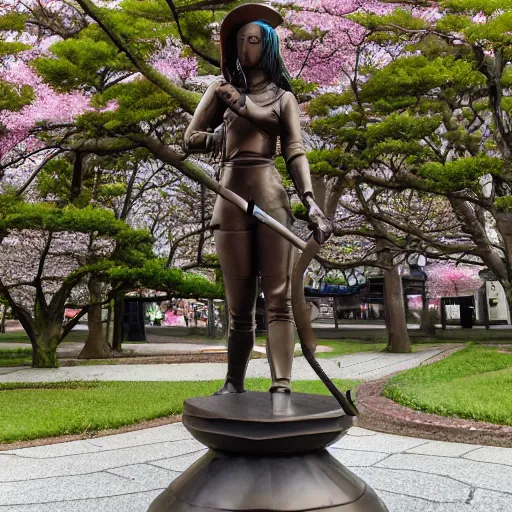 Prompt: bronze statue of a cyberpunk anime woman with an umbrella and a samurai sword kneeling next to a cherry blossom tree