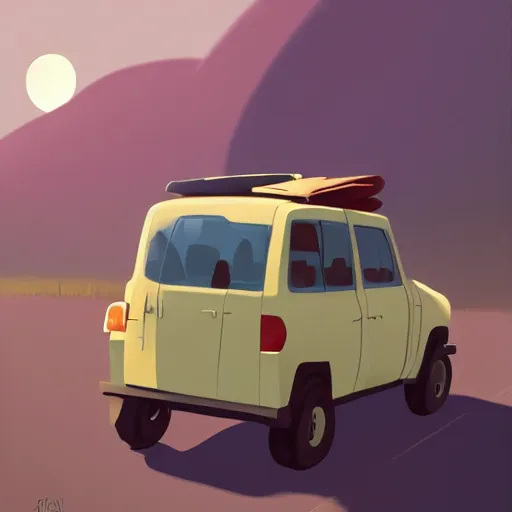 Prompt: goro fujita ilustration rear view of a car equipped with suitcases heading to the forest at sunset, painting by goro fujita, sharp focus, highly detailed, artstation
