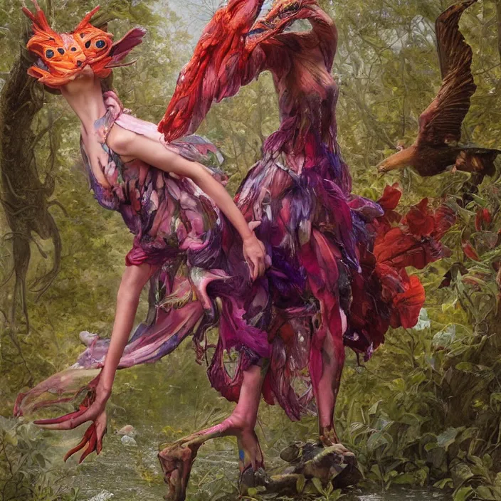 Image similar to a fashion editorial of sadie sinkwith hooves as a brightly colored eagle amphibian hybrid with wet translucent mutated skin. wearing a mutated organic dress. by tom bagshaw, donato giancola, hans holbein, walton ford, gaston bussiere, peter mohrbacher, brian froud and iris van herpen. 8 k, cgsociety