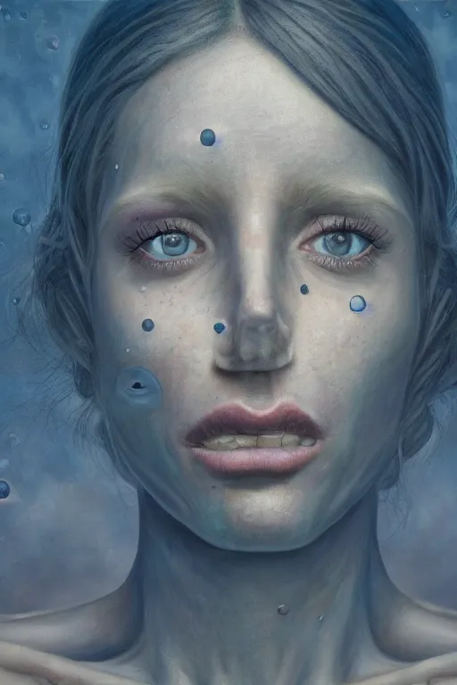 Image similar to woman's face close up portrait, eyes shut, third eye open, chakra energy waves resonating from her body, ethereal aura, epic surrealism 8k oil painting, portrait, perspective, high definition, post modernist layering, by Sean Yoro, Gerald Brom