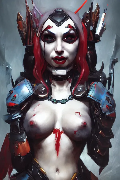 Image similar to portrait of dark eldar Harley Quinn in bikini armor, dc comics, cyberpunk, Warhammer 40000, dark fantasy, digital art from artstation by Ruan Jia and Mandy Jurgens and Artgerm and william-adolphe bouguereau