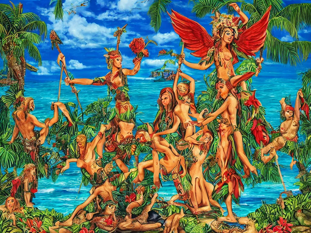 Image similar to island paradise, pagan gods, tiki lowbrow art